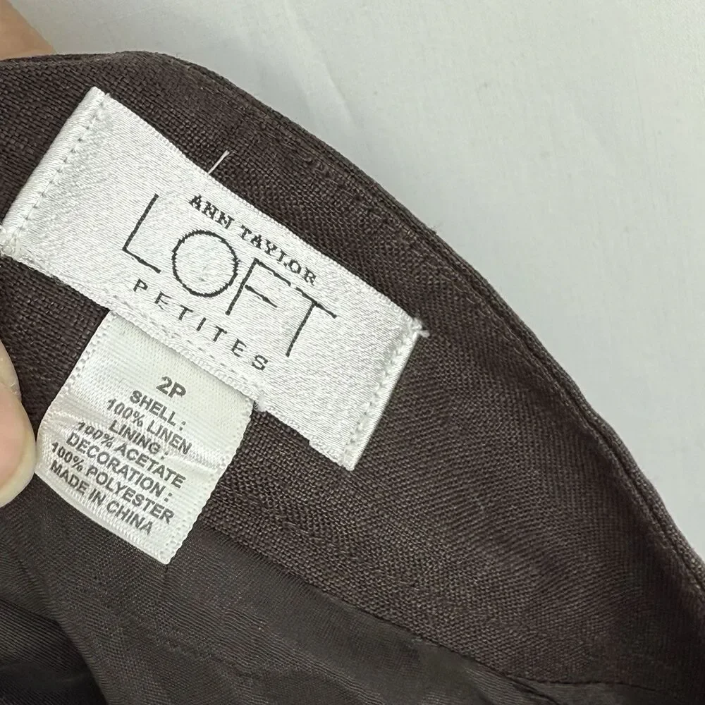 Ann Taylor LOFT Women Brown Linen Pleat Skirt Embroidered Pattern Size 2P Linen